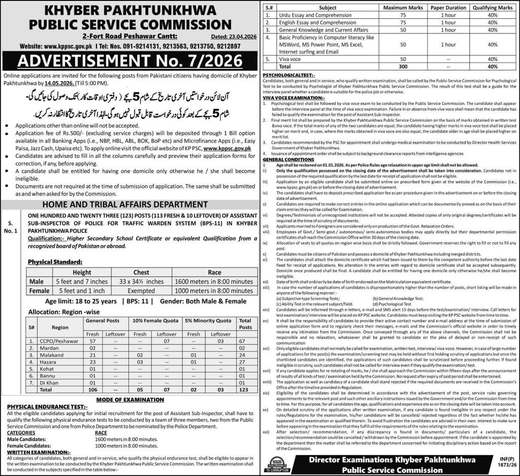 KP Police Jobs 2026: Apply Online for 123 ASI Posts in Traffic Warden System advertisement