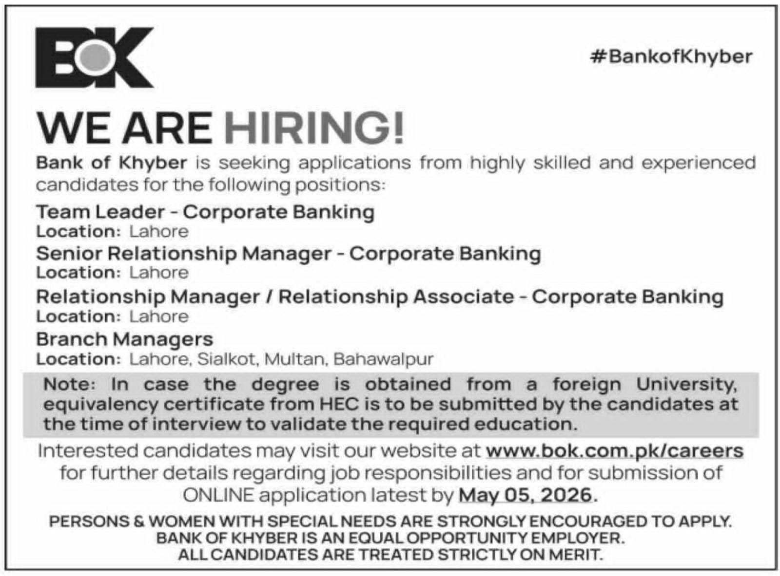 Bank of Khyber (BOK) Jobs 2026 – Online Applications for Branch Manager & Team Leader advertisement
