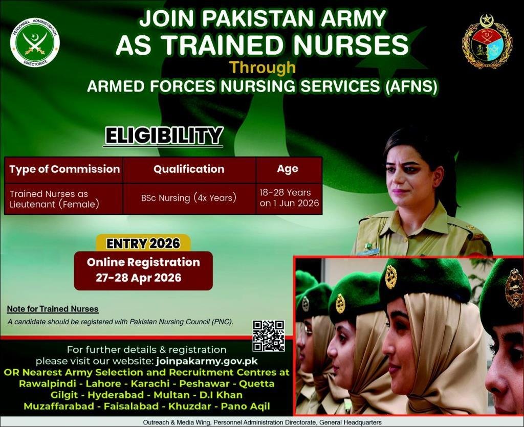 Join Pakistan Army as Trained Nurse (Lieutenant Female) through AFNS – Entry 2026 advertisement
