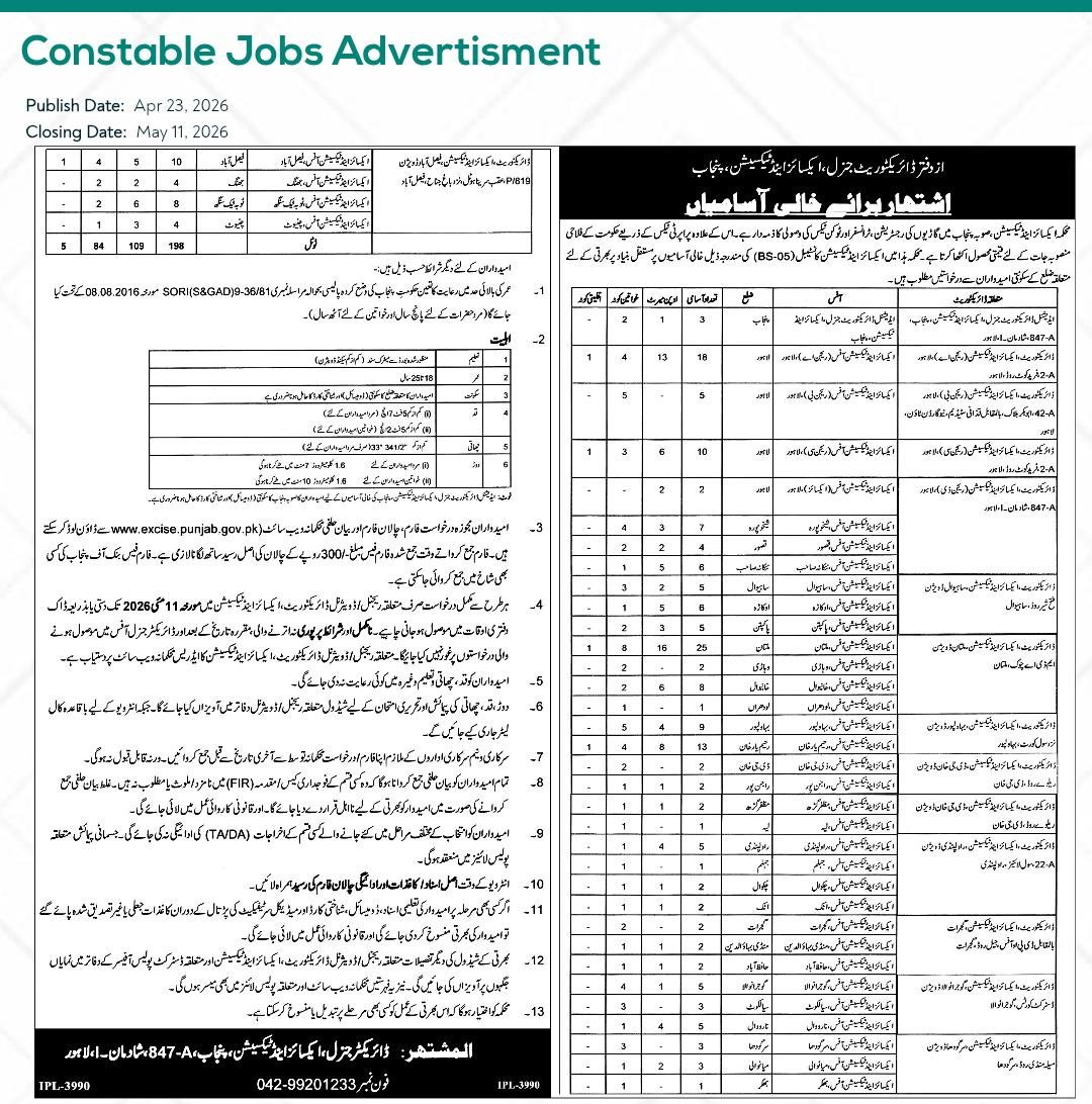 Punjab Excise & Taxation Department Constable Jobs 2026 – Online Application advertisement